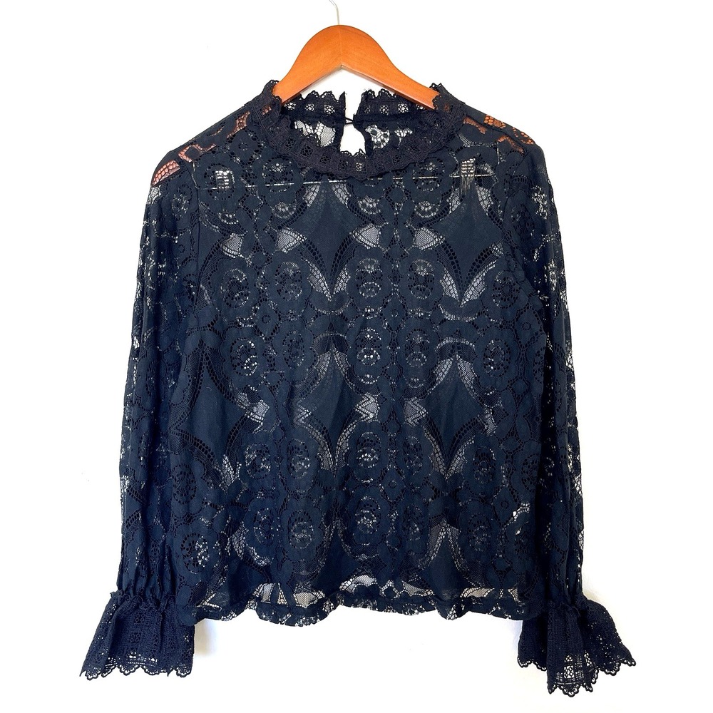Womens Long Sleeve Mesh Floral Lace Top Size L Black Fairy Victorian Whimsigoth